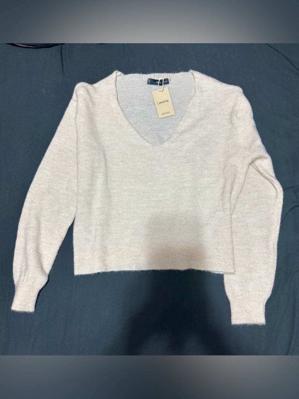 Mango Cream V-Neck Cropped Knit Sweater